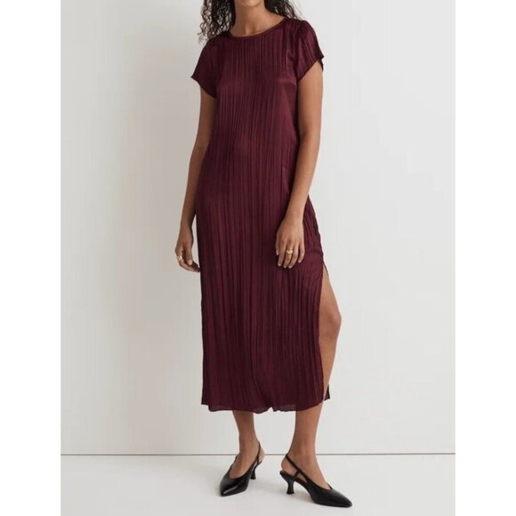 Madewell Short-Sleeve Slip Midi Dress in Plissé mulberry wine sz XXS - Picture 1 of 12